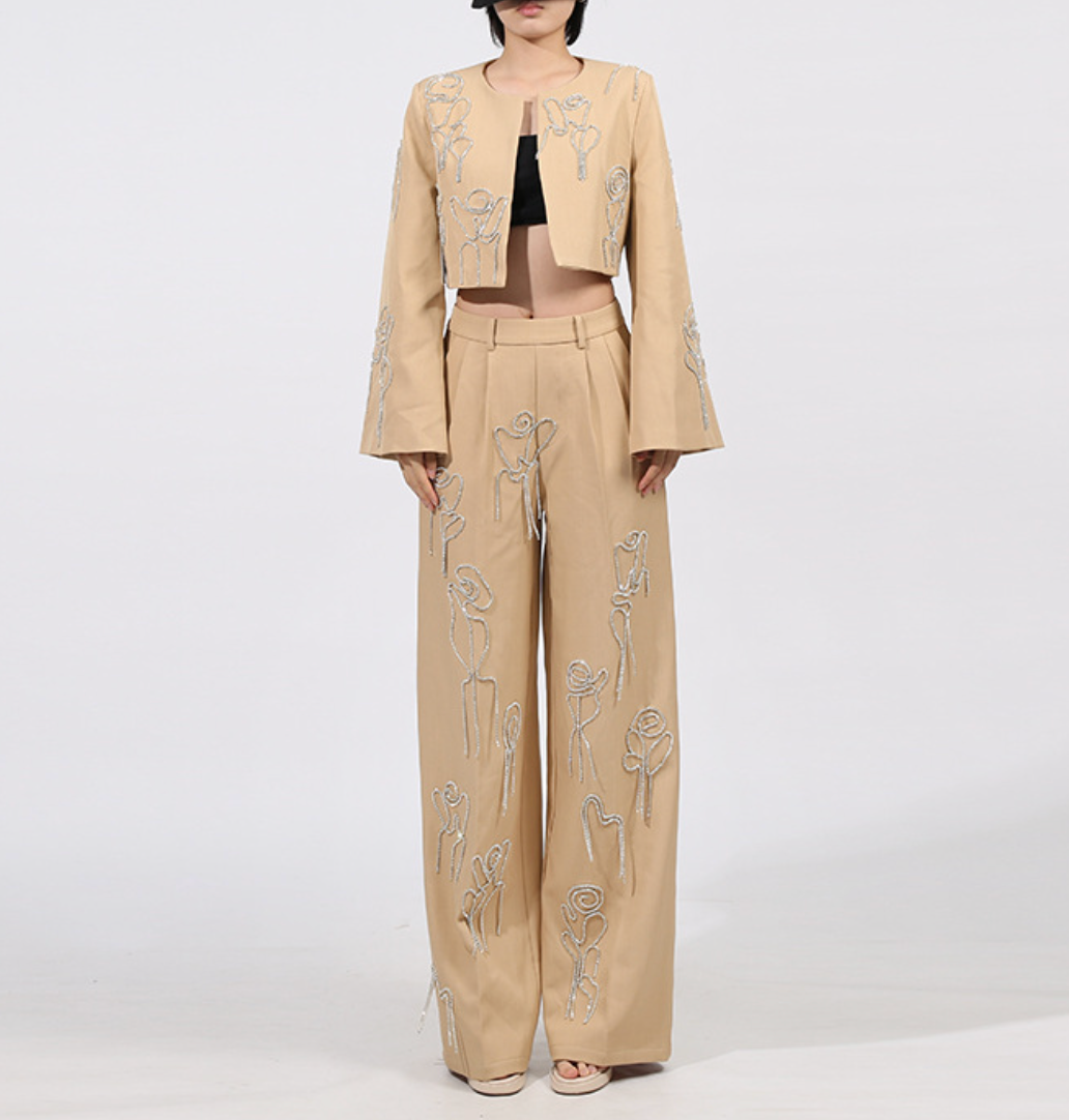 Embroidered Cropped Jacket & Wide-Leg Pants Set – ELARA