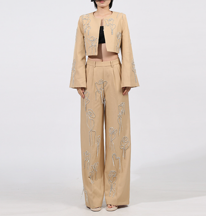 Embroidered Cropped Jacket & Wide-Leg Pants Set – ELARA