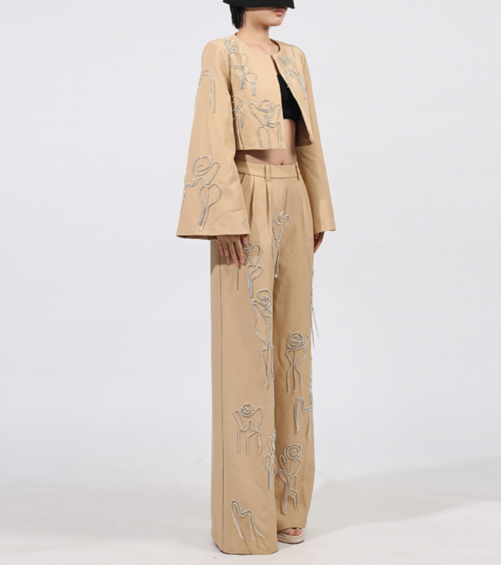 Embroidered Cropped Jacket & Wide-Leg Pants Set – ELARA