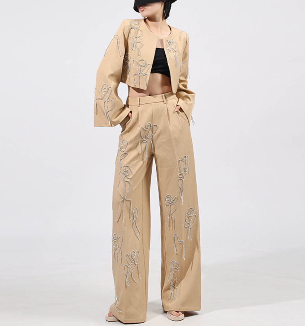 Embroidered Cropped Jacket & Wide-Leg Pants Set – ELARA