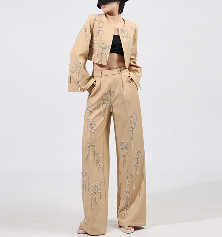 Embroidered Cropped Jacket & Wide-Leg Pants Set – ELARA