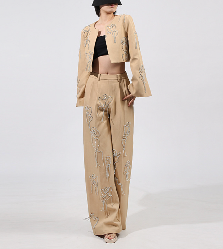 Embroidered Cropped Jacket & Wide-Leg Pants Set – ELARA