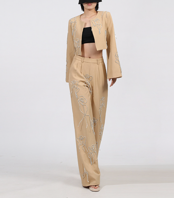Embroidered Cropped Jacket & Wide-Leg Pants Set – ELARA