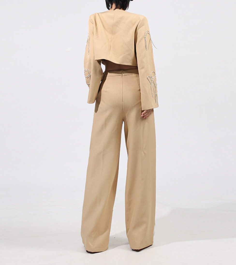 Embroidered Cropped Jacket & Wide-Leg Pants Set – ELARA