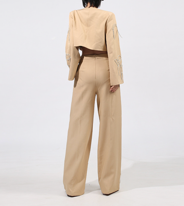 Embroidered Cropped Jacket & Wide-Leg Pants Set – ELARA