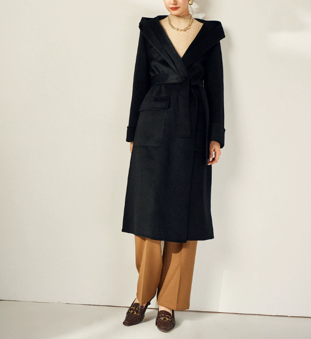 belted hooded wool coat with wrap front – CRIMSON