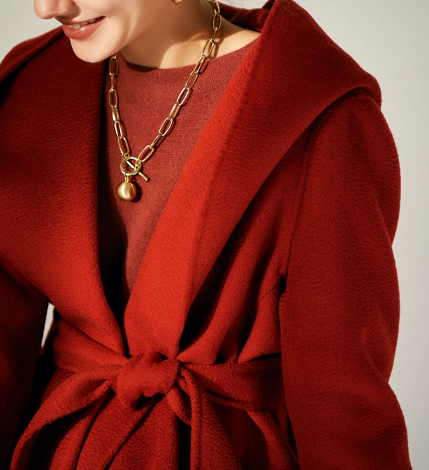 belted hooded wool coat with wrap front – CRIMSON