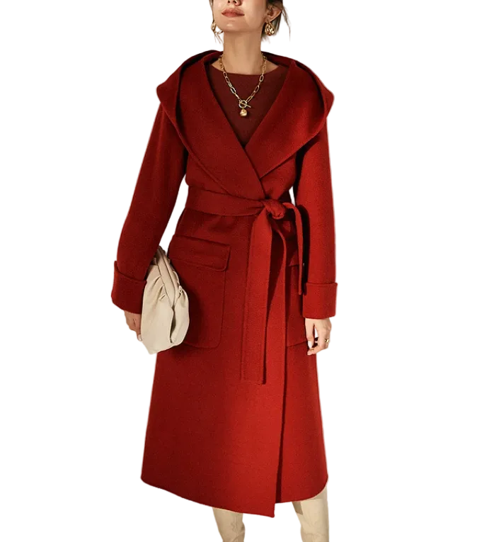 belted hooded wool coat with wrap front – CRIMSON