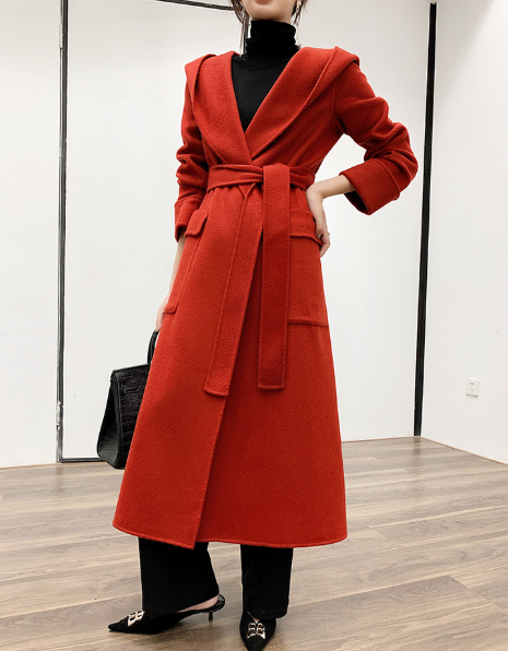 belted hooded wool coat with wrap front – CRIMSON