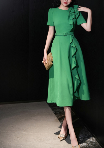 belted midi dress with cascading ruffle rose detail – FUCHSIA