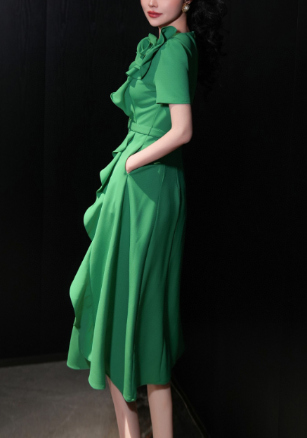 belted midi dress with cascading ruffle rose detail – FUCHSIA