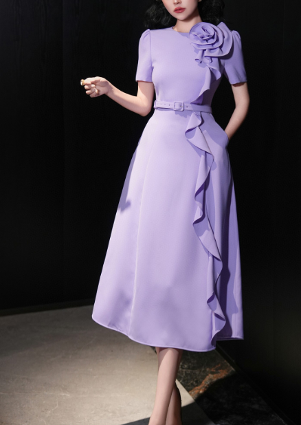 belted midi dress with cascading ruffle rose detail – FUCHSIA