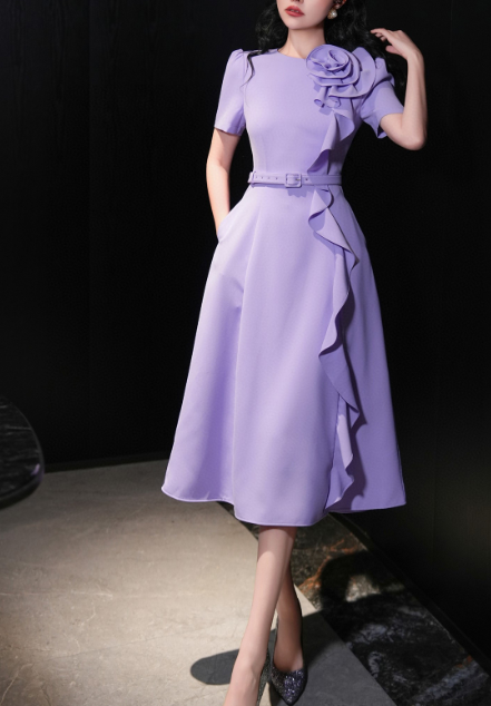 belted midi dress with cascading ruffle rose detail – FUCHSIA