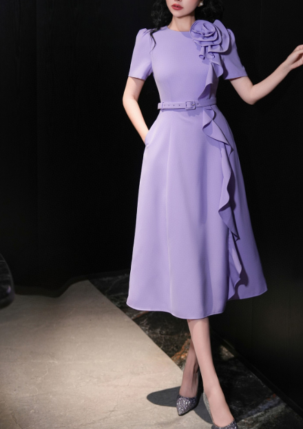 belted midi dress with cascading ruffle rose detail – FUCHSIA