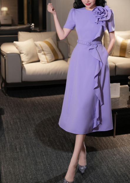 belted midi dress with cascading ruffle rose detail – FUCHSIA