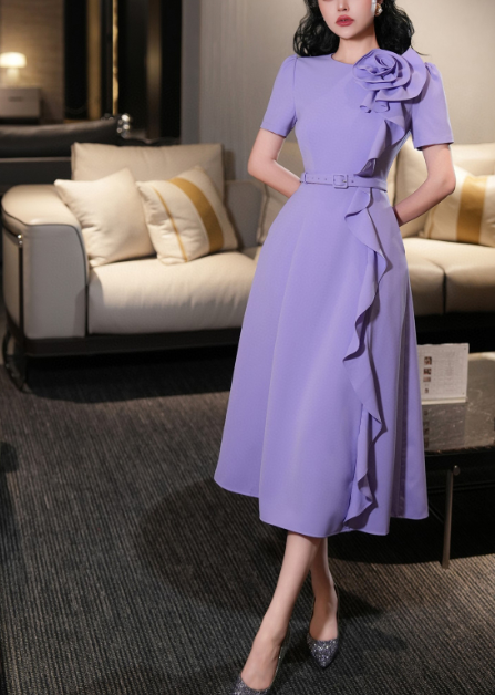 belted midi dress with cascading ruffle rose detail – FUCHSIA