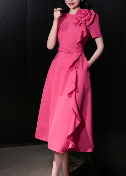 belted midi dress with cascading ruffle rose detail – FUCHSIA
