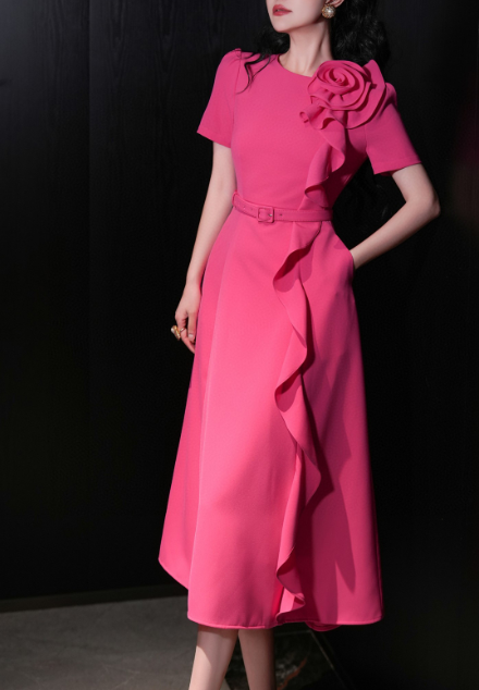 belted midi dress with cascading ruffle rose detail – FUCHSIA