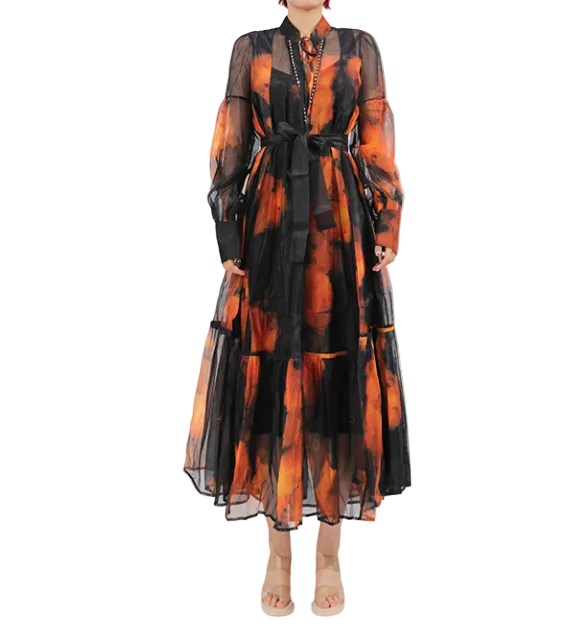 sheer printed maxi dress with tie waist – EMBER