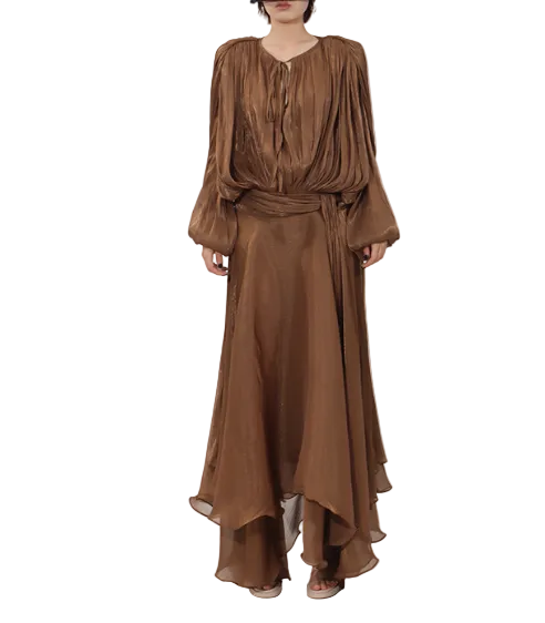 draped chiffon maxi dress with batwing sleeves – BRONZE