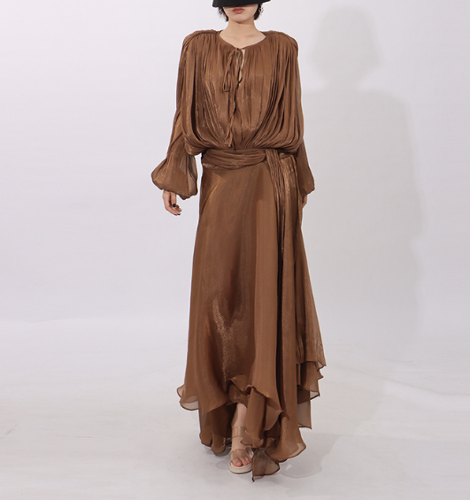 draped chiffon maxi dress with batwing sleeves – BRONZE