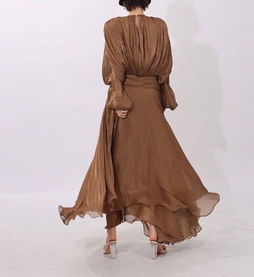 draped chiffon maxi dress with batwing sleeves – BRONZE