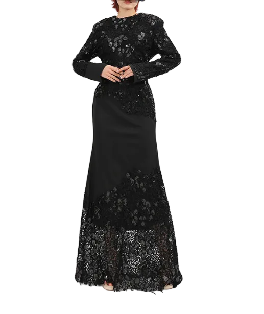 lace-panel long-sleeve evening maxi dress – ALLURE