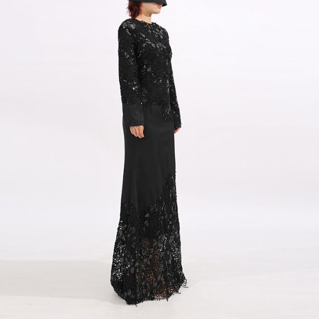 lace-panel long-sleeve evening maxi dress – ALLURE