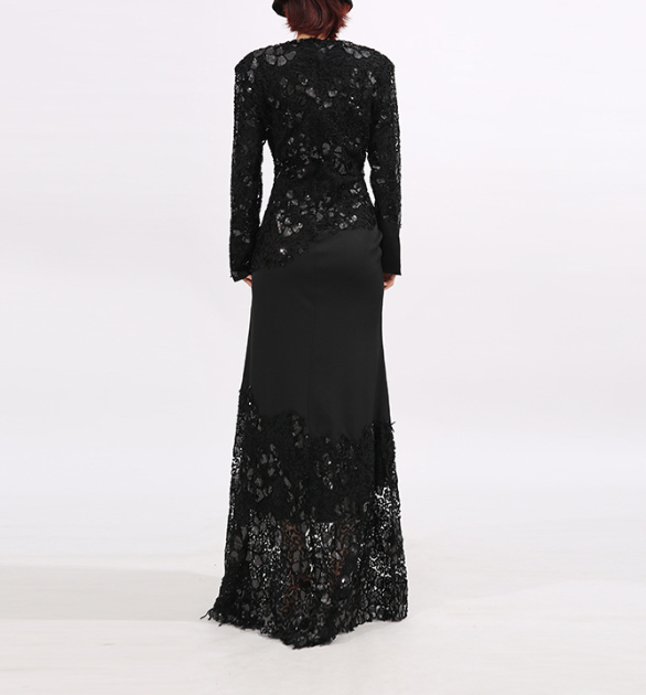 lace-panel long-sleeve evening maxi dress – ALLURE