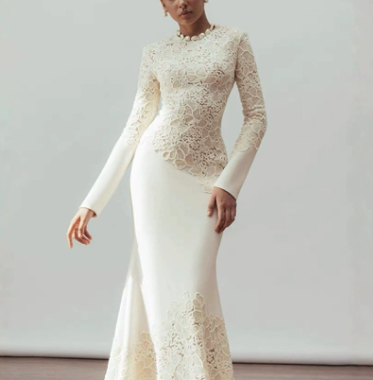 lace-panel long-sleeve evening maxi dress – ALLURE