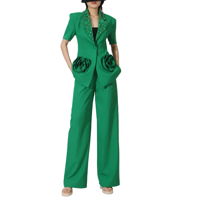 tailored blazer and wide-leg pants set with floral pockets – STATEMENT