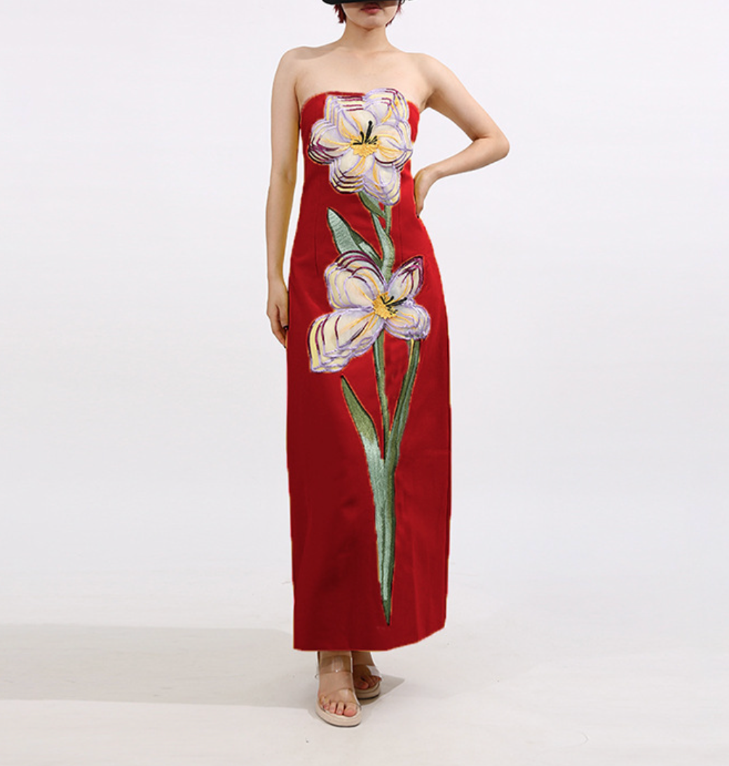 Strapless Column Maxi Dress with Floral Embroidery – IRIS