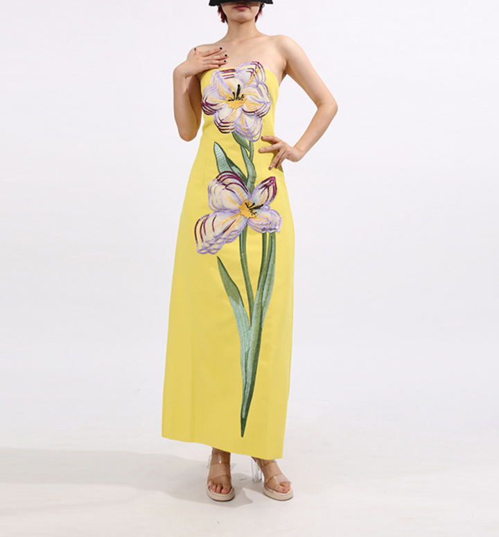 Strapless Column Maxi Dress with Floral Embroidery – IRIS