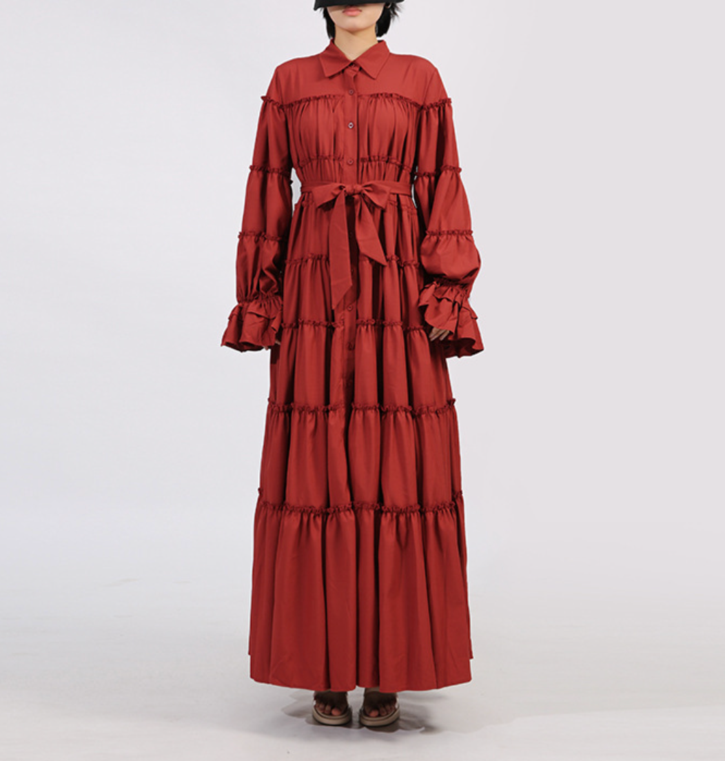 tiered maxi dress with painterly print and puff sleeves – ARIA