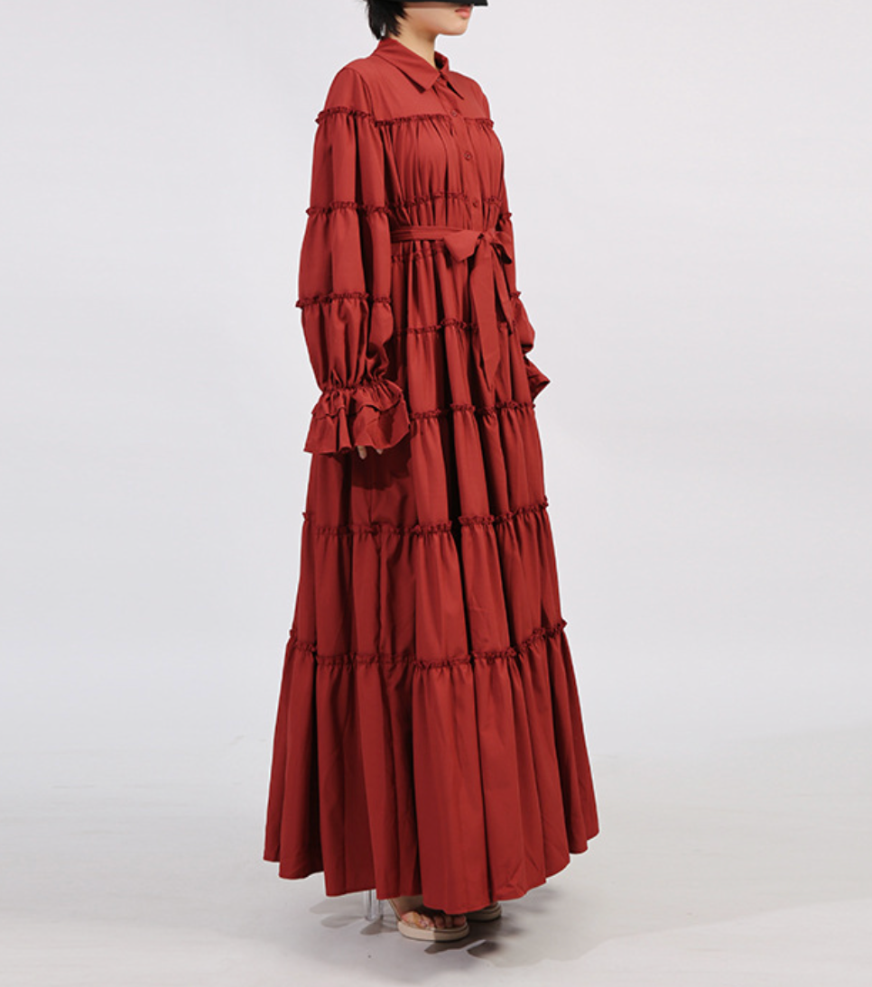 tiered maxi dress with painterly print and puff sleeves – ARIA