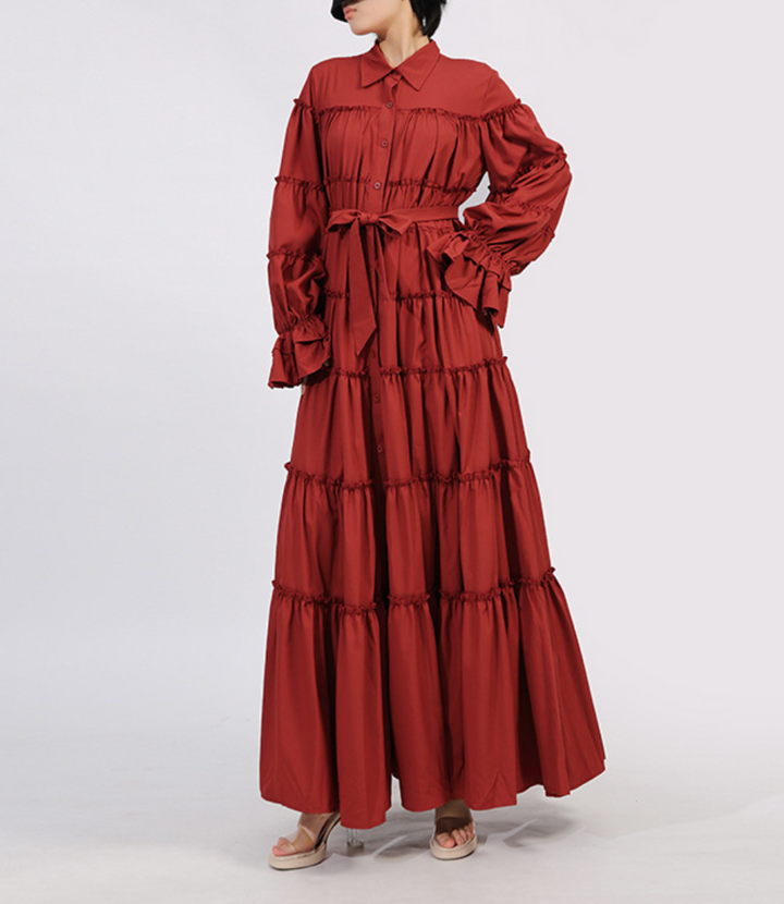 tiered maxi dress with painterly print and puff sleeves – ARIA
