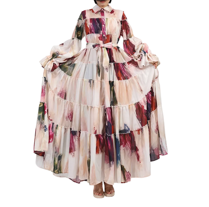 tiered maxi dress with painterly print and puff sleeves – ARIA