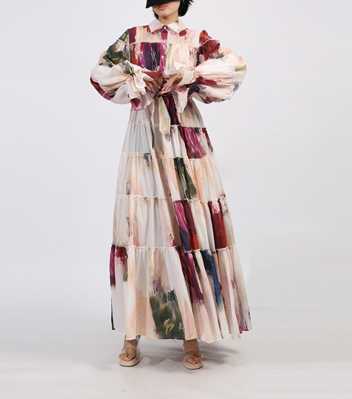 tiered maxi dress with painterly print and puff sleeves – ARIA