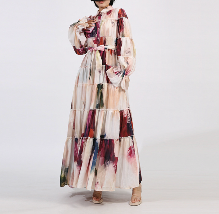 tiered maxi dress with painterly print and puff sleeves – ARIA