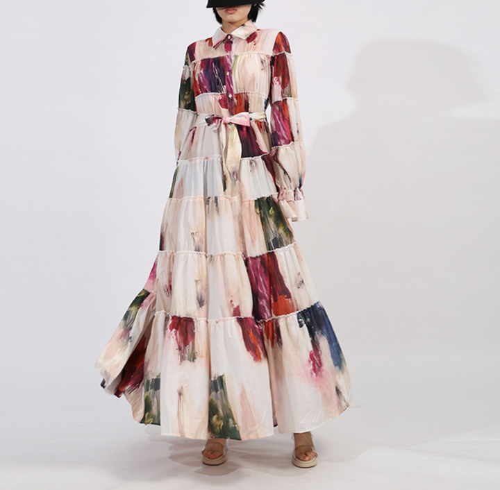 tiered maxi dress with painterly print and puff sleeves – ARIA