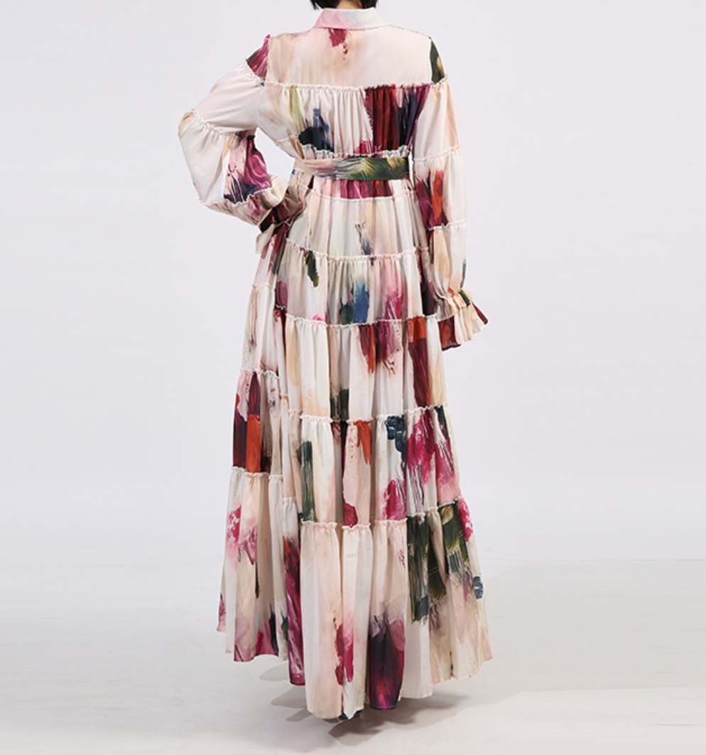 tiered maxi dress with painterly print and puff sleeves – ARIA