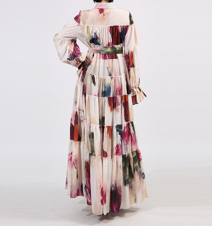 tiered maxi dress with painterly print and puff sleeves – ARIA