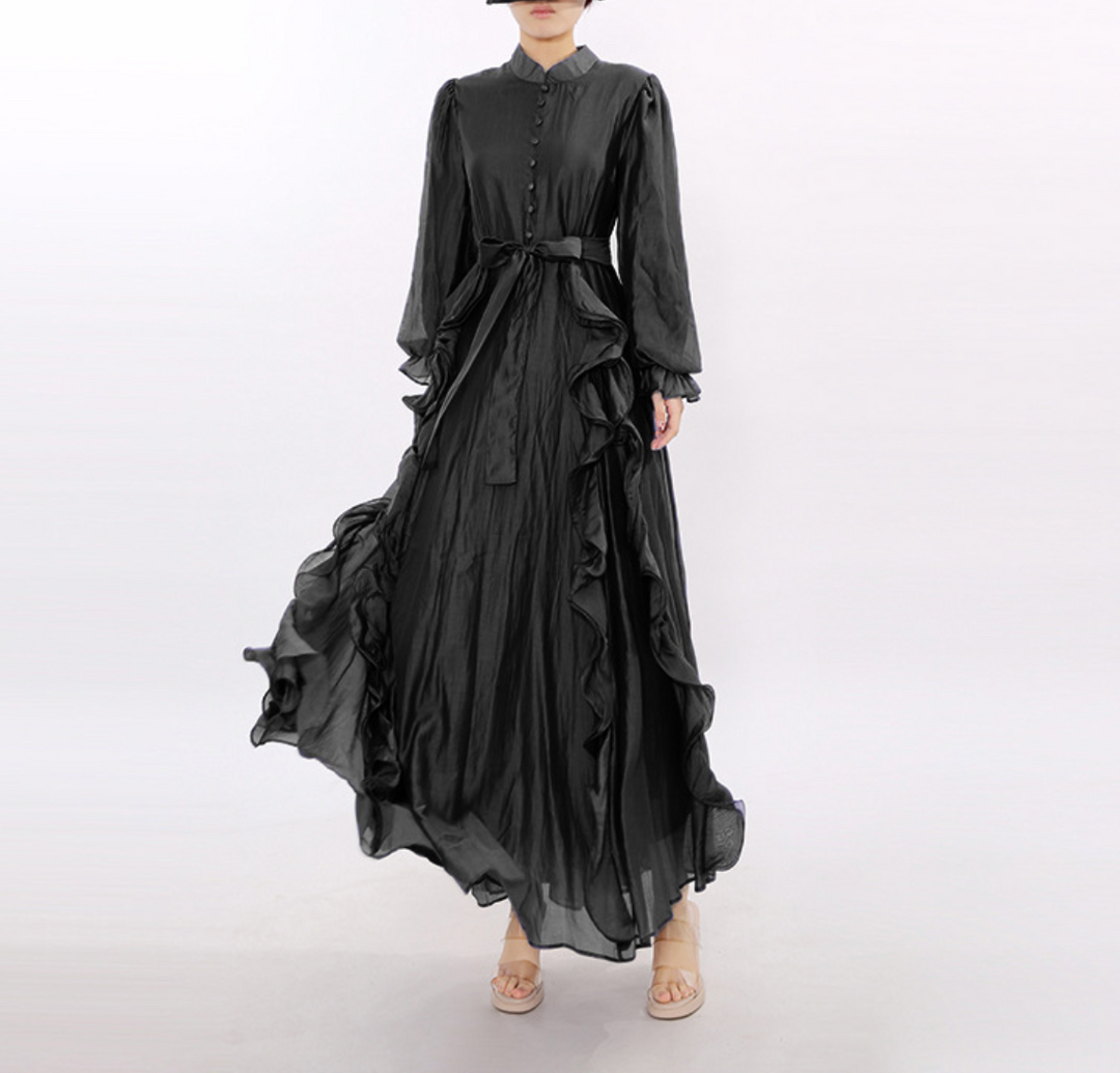 long-sleeve maxi dress with ruffle detailing and waist tie – OLIVEA