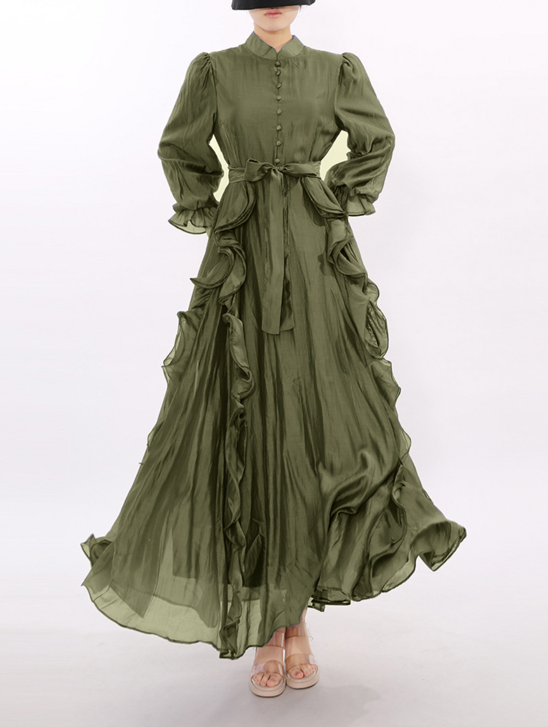 long-sleeve maxi dress with ruffle detailing and waist tie – OLIVEA