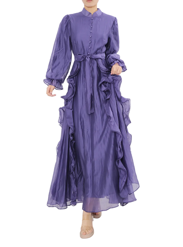 long-sleeve maxi dress with ruffle detailing and waist tie – OLIVEA