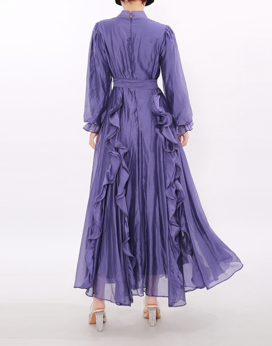 long-sleeve maxi dress with ruffle detailing and waist tie – OLIVEA