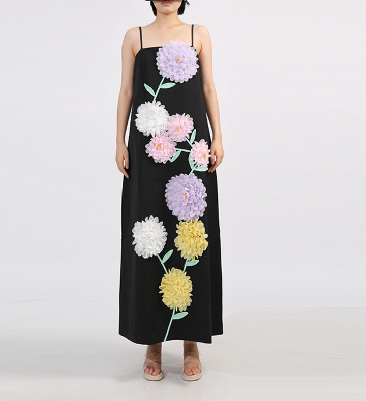 spaghetti-strap column dress with 3D floral appliqué – LILAC
