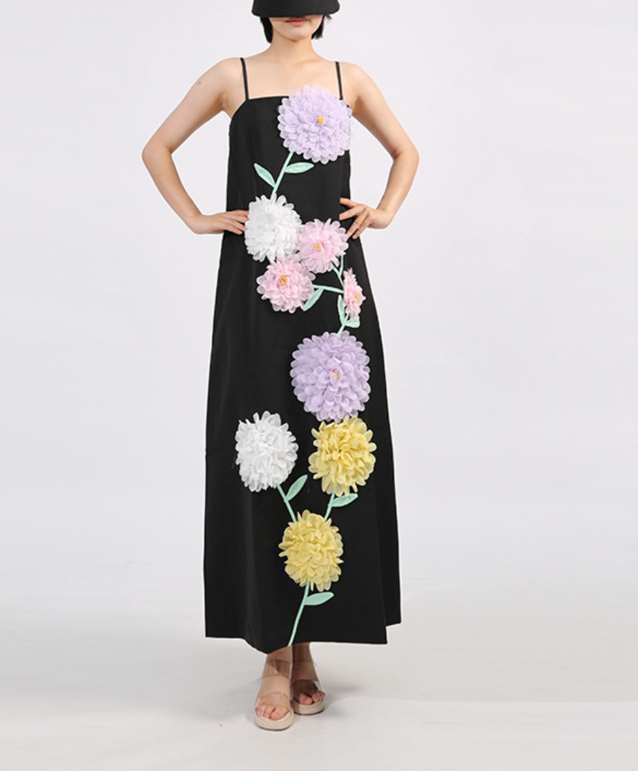 spaghetti-strap column dress with 3D floral appliqué – LILAC