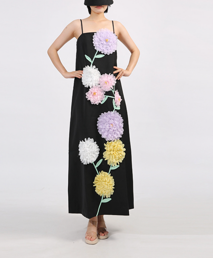 spaghetti-strap column dress with 3D floral appliqué – LILAC