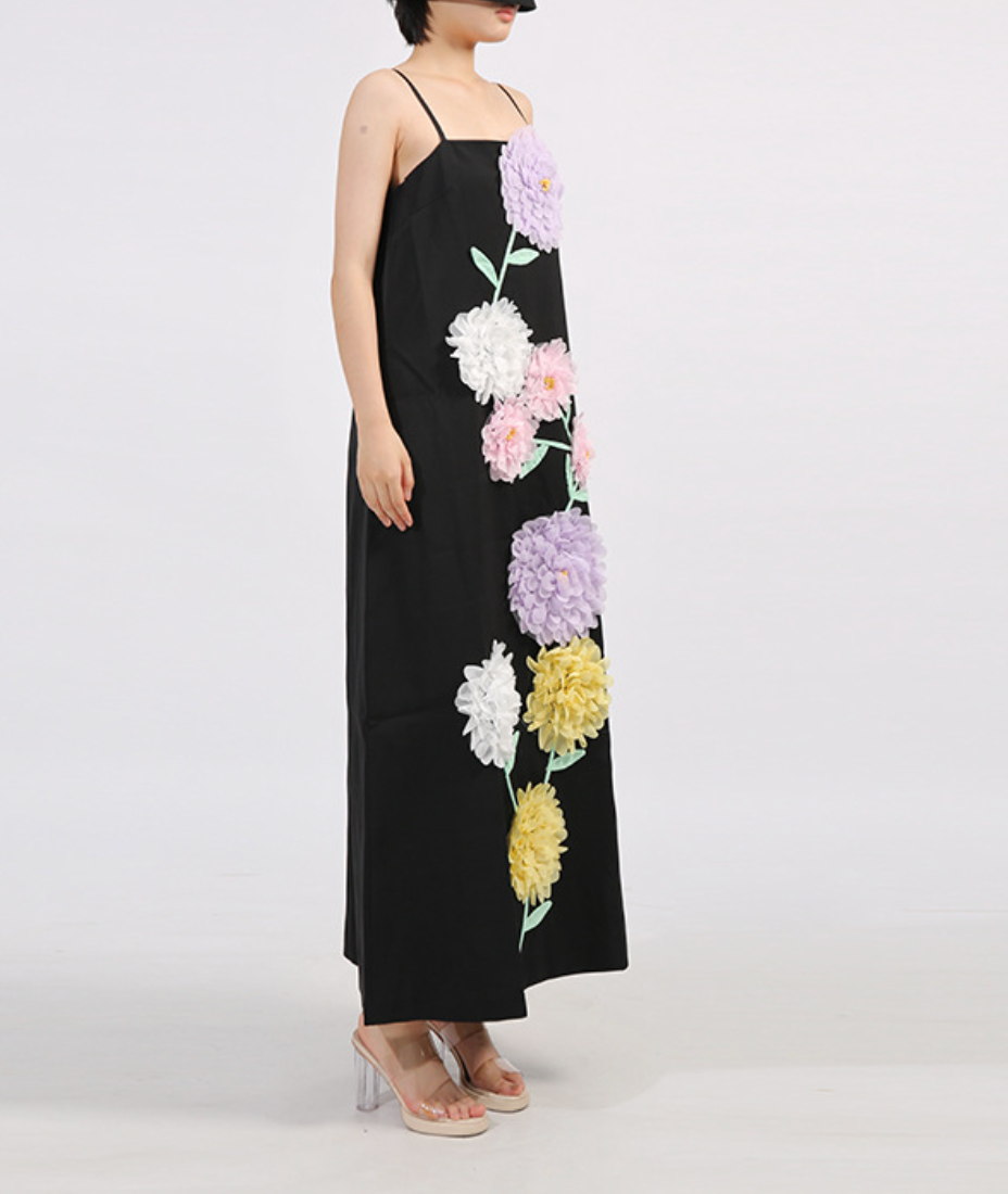 spaghetti-strap column dress with 3D floral appliqué – LILAC